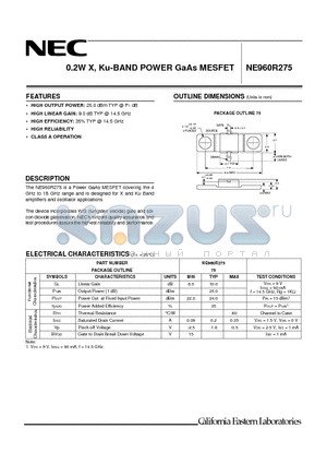 NE960R275 datasheet - 0.2W X, Ku-BAND POWER GaAs MESFET