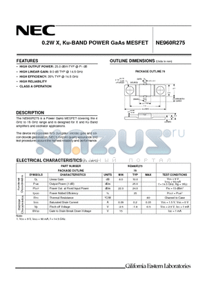NE960R275_01 datasheet - 0.2W X, Ku-BAND POWER GaAs MESFET