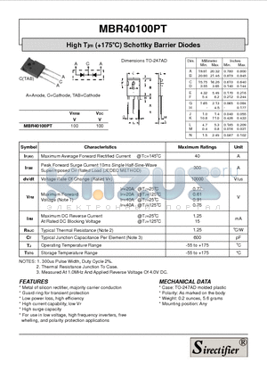 MBR40100PT datasheet - High Tjm (175oC) Schottky Barrier Diodes