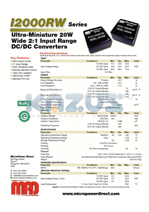 I2000RW datasheet - Ultra-Miniature 20W Wide 2:1 Input Range DC/DC Converters