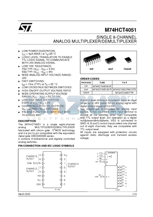 M74HCT4051RM13TR datasheet - SINGLE 8-CHANNEL ANALOG MULTIPLEXER/DEMULTIPLEXER