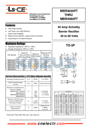 MBR4020PT datasheet - 40Amp schottky barrier rectifier 20to60 volts