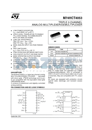 M74HCT4053 datasheet - TRIPLE 2-CHANNEL ANALOG MULTIPLEXER/DEMULTIPLEXER