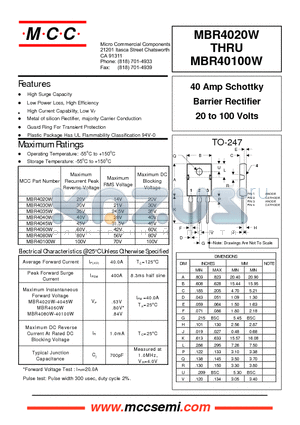 MBR4020W datasheet - 40 Amp Schottky Barrier Rectifier 20 to 100 Volts