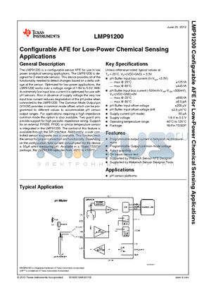 LMP91200 datasheet - Configurable AFE for Low-Power Chemical Sensing Applications