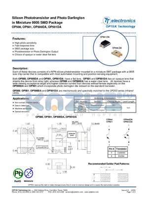 OP500 datasheet - Silicon Phototransistor and Photo Darlington in Miniature 0805 SMD Package