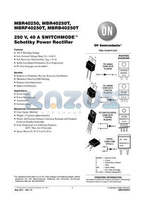 MBR40250TG datasheet - 250 V, 40 A SWITCHMODE Schottky Power Rectifier