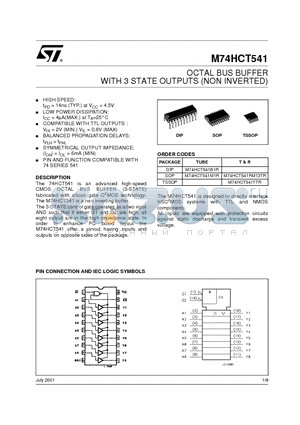 M74HCT541 datasheet - OCTAL BUS BUFFER WITH 3 STATE OUTPUTS (NON INVERTED)