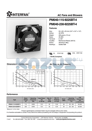 PM040-115-9225BT-4 datasheet - AC Fans and Blowers