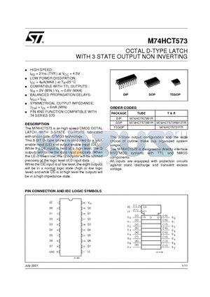 M74HCT573RM13TR datasheet - OCTAL D-TYPE LATCH WITH 3 STATE OUTPUT NON INVERTING