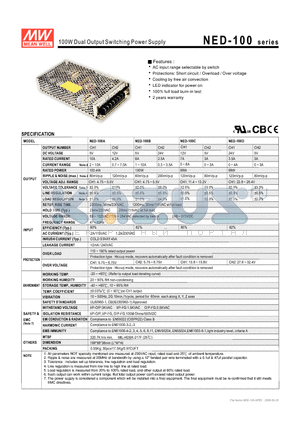 NED-100 datasheet - 100W Dual Output Switching Power Supply