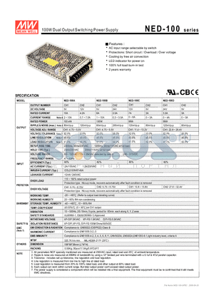 NED-100_0809 datasheet - 100W Dual Output Switching Power Supply