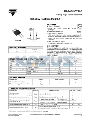 MBR4045CTPBF datasheet - Schottky Rectifier, 2 x 20 A