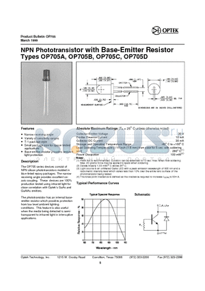 OP705A datasheet - NPN Pho to tran sistor with Base-Emit ter Resistor