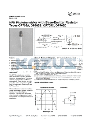 OP705D datasheet - NPN Pho to tran sistor with Base-Emit ter Resistor