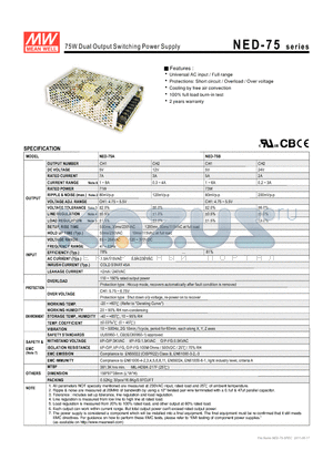NED-75B datasheet - 75W Dual Output Switching Power Supply