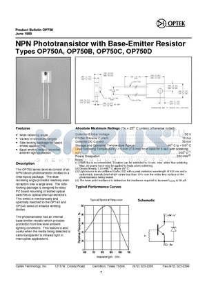 OP750C datasheet - NPN Pho totransistor with Base- Emitter Resistor