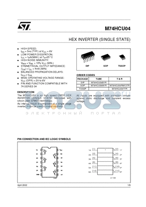 M74HCU04 datasheet - HEX INVERTER SINGLE STATE