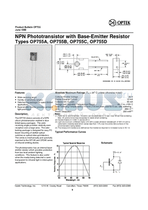 OP755D datasheet - NPN Photo transistor with Base-Emitter Resistor