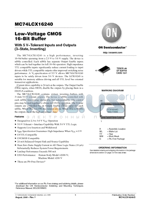 M74LCX16240DTR2G datasheet - Low−Voltage CMOS 16−Bit Buffer With 5 V−Tolerant Inputs and Outputs (3−State, Inverting)