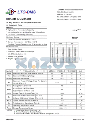MBR4050 datasheet - 40 Amp HT Power Schottky Barrier Rectifier