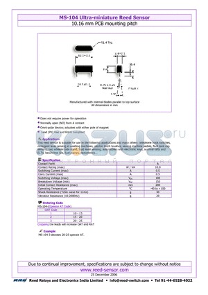 MS-104-1 datasheet - Ultra-miniature Reed Sensor