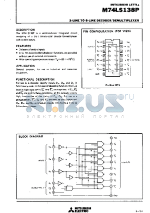 M74S138P datasheet - 3-LINE TO 8-LINE DECODER/DEMULTIPLEXER
