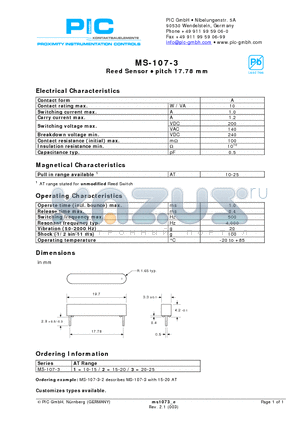 MS-107-3-3 datasheet - Reed Sensor - pitch 17.78 mm