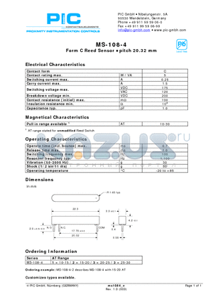 MS-108-4 datasheet - Form C Reed Sensor - pitch 20.32 mm