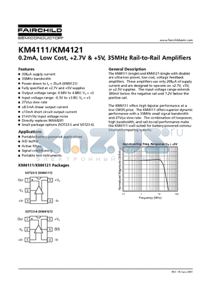 KM4111 datasheet - 0.2mA, Low Cost, 2.7V & 5V, 35MHz Rail-to-Rail Amplifiers