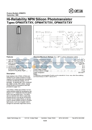 OP803 datasheet - Hi-Reliability NPN Sil icon Phototransistor