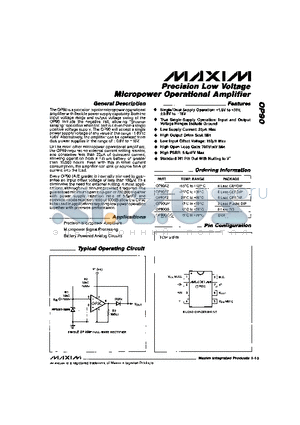 OP90 datasheet - Precision Low Voltage Micropower Operational Amplifier