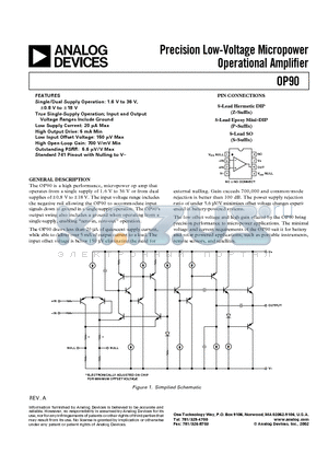 OP90AZ/883 datasheet - Precision Low-Voltage Micropower Operational Amplifier