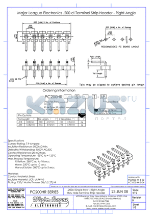 PC200HR datasheet - .200cl Single Row-Right Angle Thru Hole Terminal Strip Header