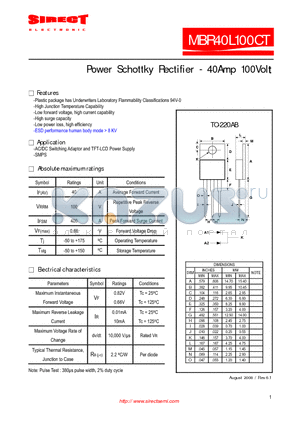 MBR40L100CT datasheet - Power Schottky Rectifier - 40Amp 100Volt