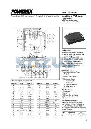 PM100CSA120 datasheet - Intellimod Module Three Phase IGBT Inverter Output (100 Amperes/1200 Volts)