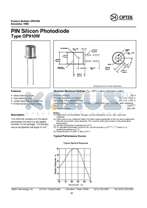 OP910W datasheet - PIN Silicon Photodiode