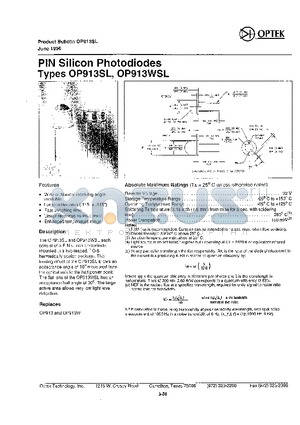 OP913SL datasheet - PIN Silicon Photodiodes Types OP913SL, OP913WSL