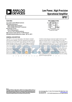 OP97 datasheet - Low Power, High Precision Operational Amplifier