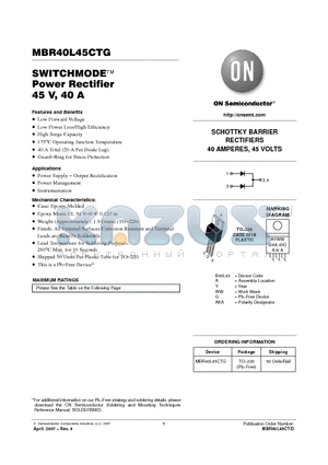 MBR40L45CTG datasheet - SWITCHMODE Power Rectifier 45 V, 40 A
