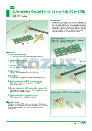 MS-156-HRMJ-2 datasheet - Subminiature Coaxial Switch 1.6 mm High, DC to 6 GHz