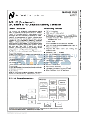 PC21100 datasheet - LPC-Based TCPA-Compliant Security Controller