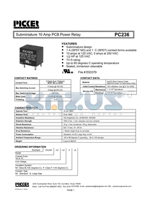 PC2361A-12G datasheet - Subminiature 10 Amp PCB Power Relay