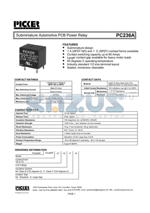 PC236A datasheet - Subminiature Automotive PCB Power Relay