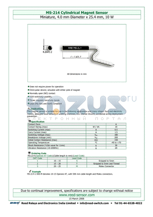 MS-214-1 datasheet - Cylindrical Magnet Sensor