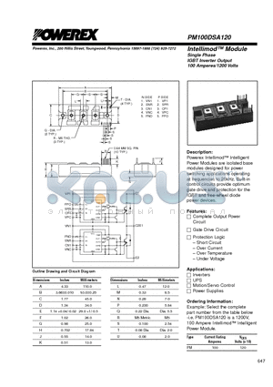 PM100DSA120 datasheet - Intellimod Module Single Phase IGBT Inverter Output (100 Amperes/1200 Volts)