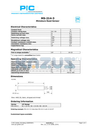 MS-214-3 datasheet - Miniature Reed Sensor