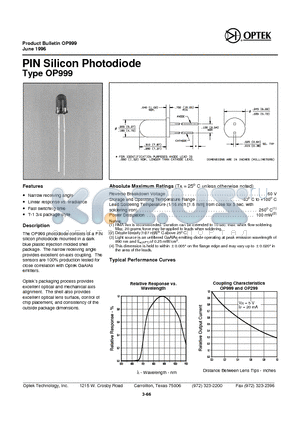 OP999 datasheet - PIN Sili con Photodiode