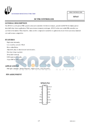 M7615 datasheet - High noise immunity, Drive either Relay, Adjustable play on duration and latch duration, On-chip voltage regulator, 20 second warm-up., CDS input cond