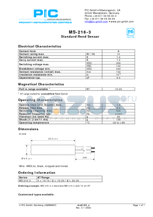 MS-216-3-1 datasheet - Standard Reed Sensor